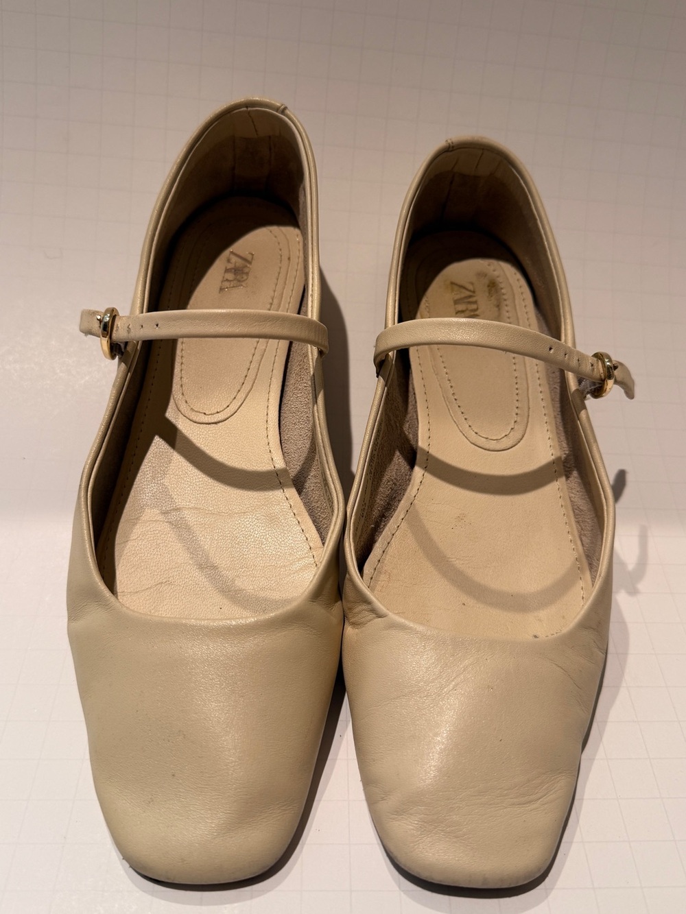 Zara Cream Leather Mary Jane Flats with Slim Strap